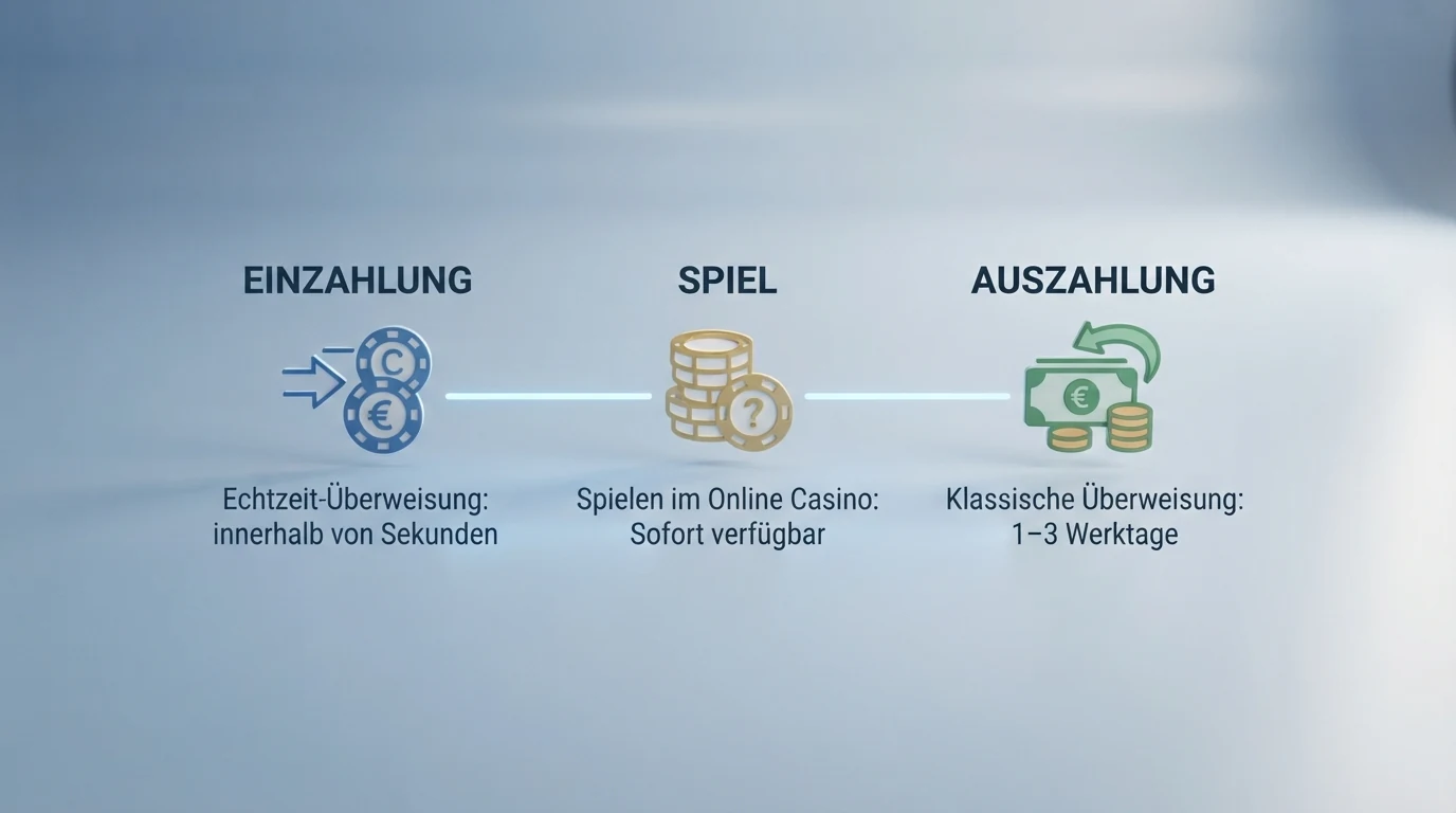 Schematische Darstellung des Einzahlungs- und Auszahlungsprozesses per Banküberweisung im Online Casino mit Zeitangaben für jede Stufe