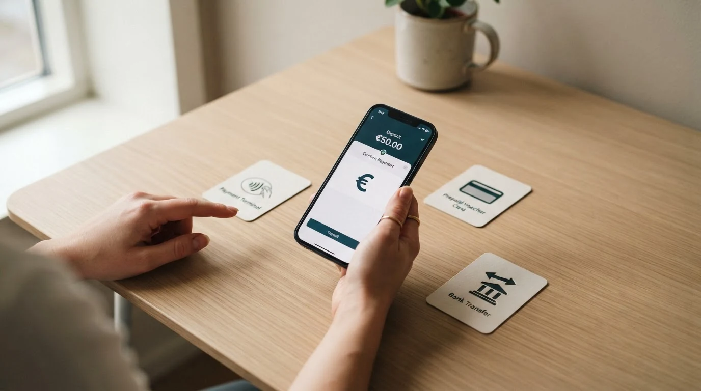 Übersicht verschiedener Zahlungssymbole (Trustly, Paysafecard, Banküberweisung) mit Pfeilen für Ein- und Auszahlungsrichtung