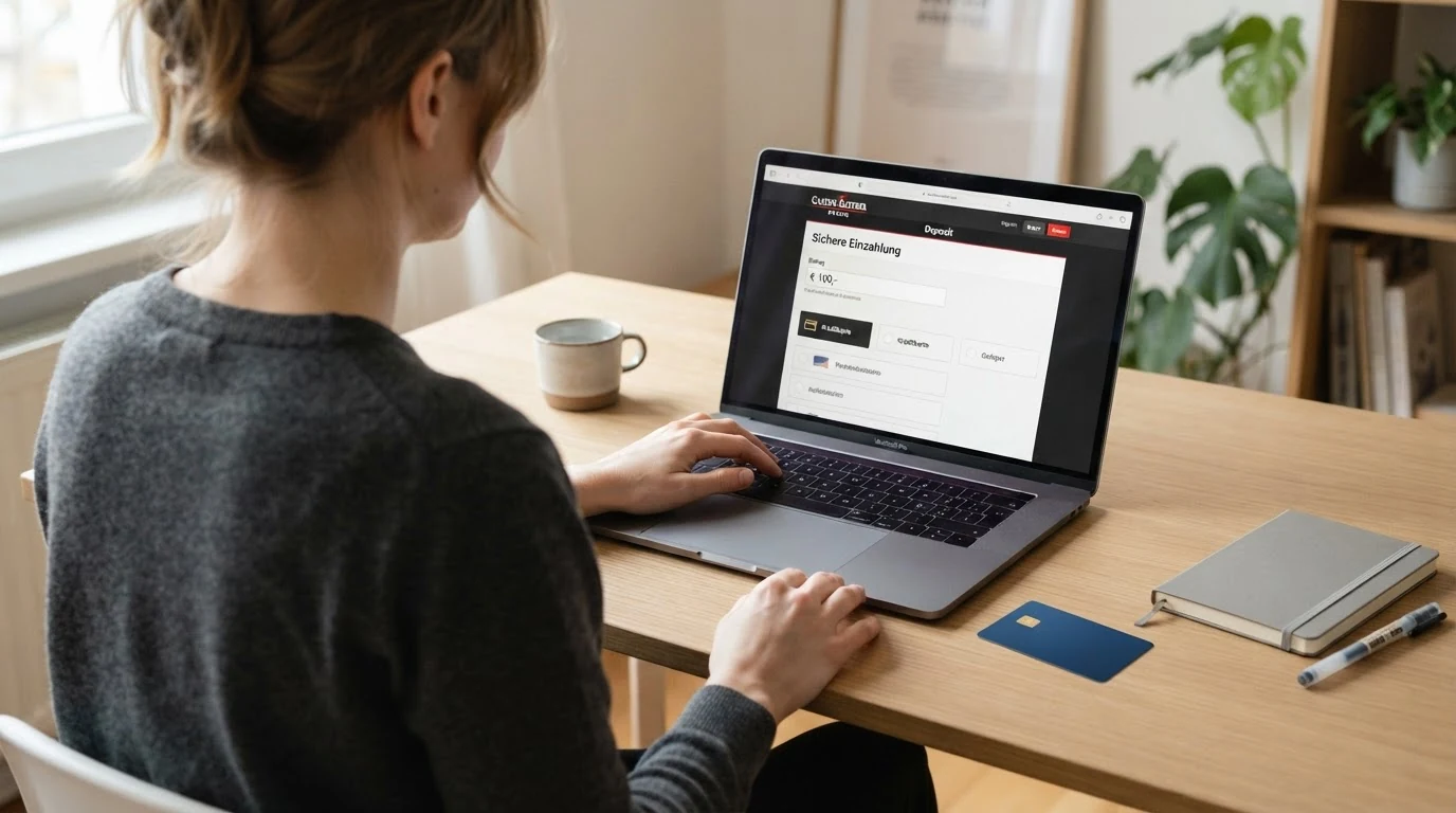 Der Einzahlungsdialog eines Online Casinos auf einem Laptop-Bildschirm, die Option Kreditkarte ist ausgewählt und ein Betrag wird eingegeben