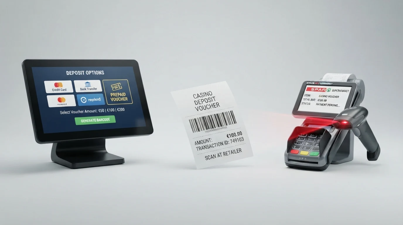 Eine schematische Schritt-für-Schritt-Darstellung: Casino-Kasse → Barcode → Verkaufsstelle → Guthaben