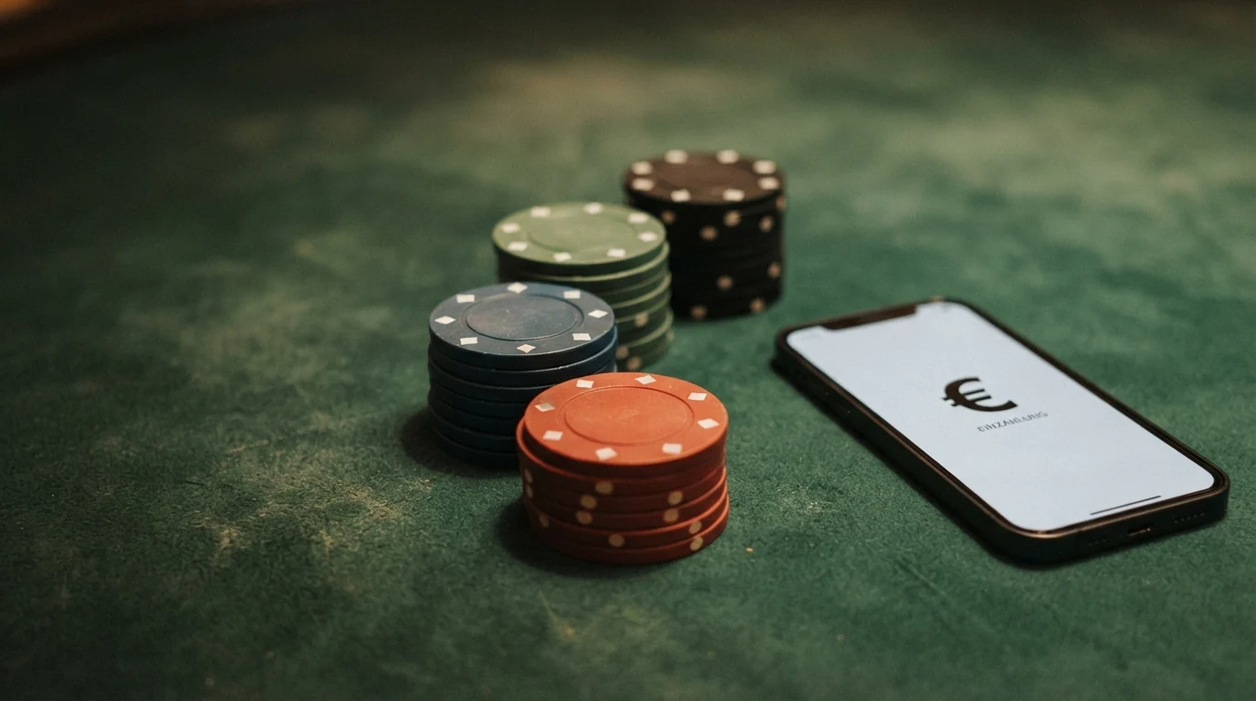 Vier Münzstapel mit 1-Euro-, 5-Euro-, 10-Euro- und 15-Euro-Münzen neben einem geöffneten Laptop mit einer Casino-Lobby