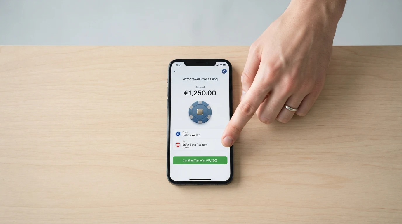 Schematische Darstellung: Wallet-Symbol, Pfeil zum Casino, Casino-Symbol, Pfeil zurück zum Wallet mit Uhr-Symbol