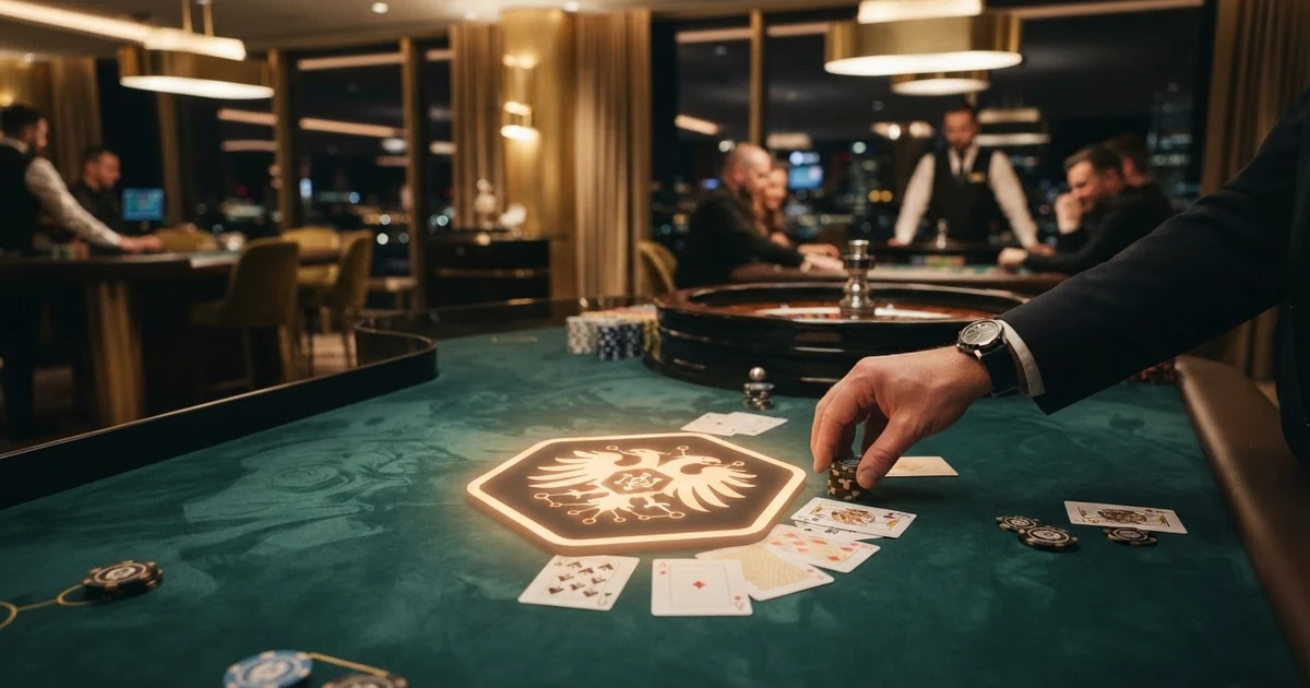 Ethereum-Logo über einer Casino-Spielfläche mit Spielkarten und Roulette-Rad