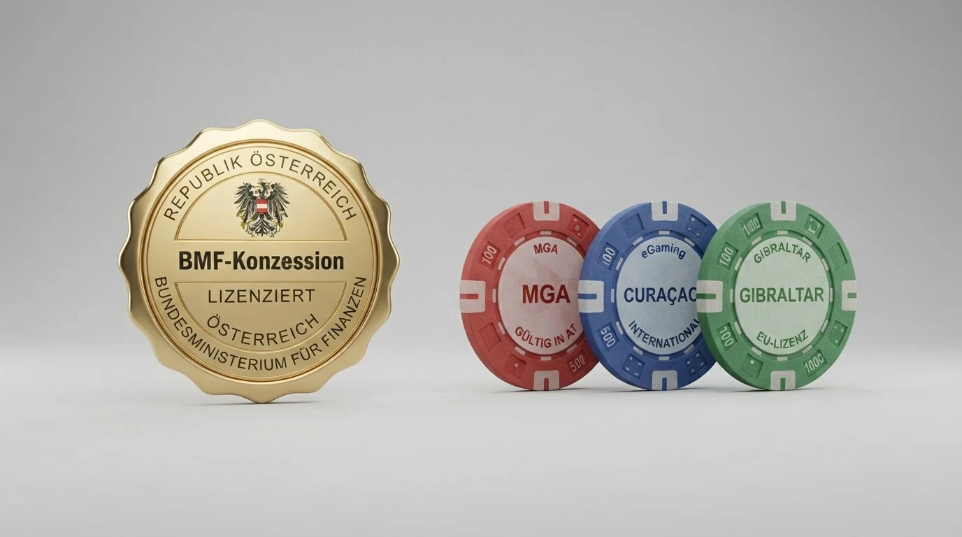 Eine vergleichende Illustration: links das BMF-Logo mit Häkchen und dem Text „Konzession“, rechts die Logos von MGA, Curaçao und Gibraltar mit einem Info-Symbol