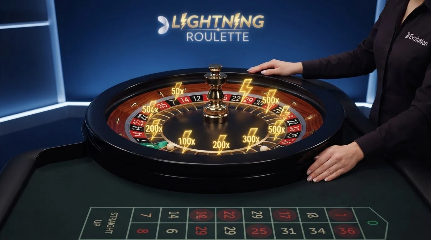 Draufsicht auf einen Evolution-Lightning-Roulette-Tisch mit eingeblendeten goldenen Lightning-Multiplikatoren auf einzelnen Zahlen, der Croupier wirft die Kugel ins laufende Rad