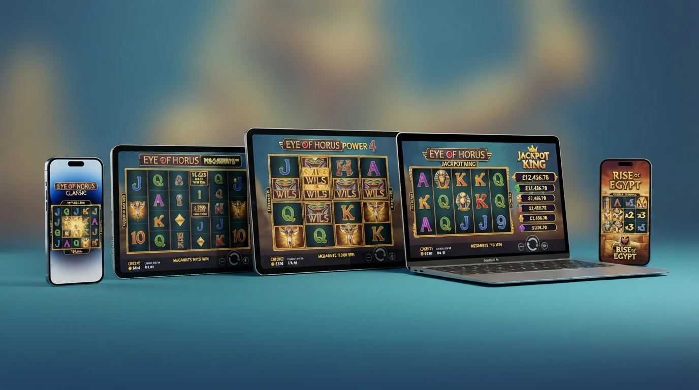 Fünf Spielfelder der Eye-of-Horus-Hauptvarianten nebeneinander — Classic mit 10 Linien, Megaways mit sechs Walzen, Power 4 mit vier simultanen Feldern, Jackpot King mit Jackpot-Anzeige, Rise of Egypt mit Multiplikator-Wilds