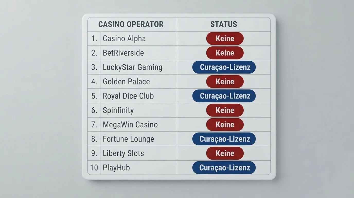 Zehn Casino-Logos in tabellarischer Anordnung mit farblicher Markierung des AT-Konzessionsstatus
