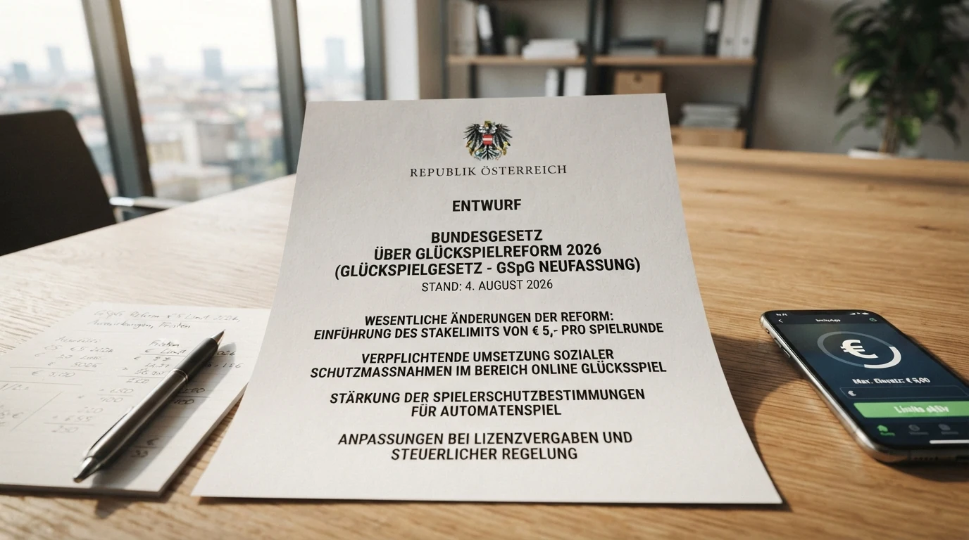 Das offizielle Dokument zur Glücksspielreform mit dem österreichischen Bundeswappen und dem Datum der EU-Notifizierung — 4. August 2026
