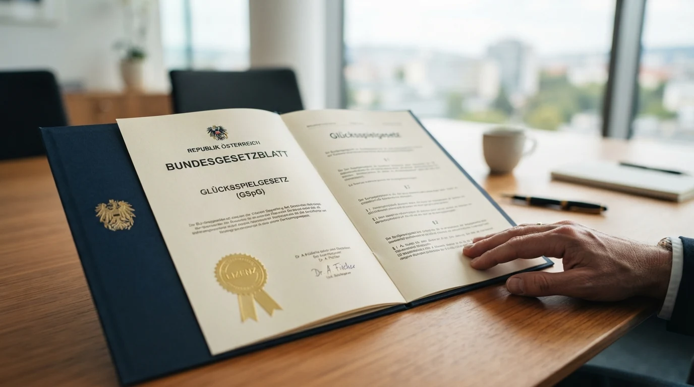 Offizielles Dokument mit dem österreichischen Bundesadler und dem Titel „Glücksspielgesetz“ auf einem Schreibtisch