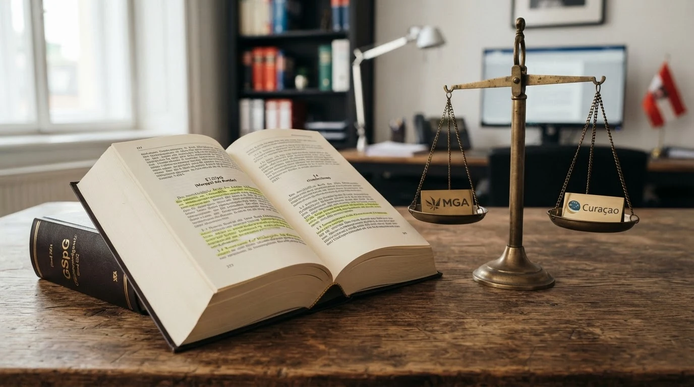 Ein aufgeschlagenes Gesetzbuch mit dem GSpG-Text, daneben eine Waage mit „MGA“ auf der einen und „Curaçao“ auf der anderen Seite