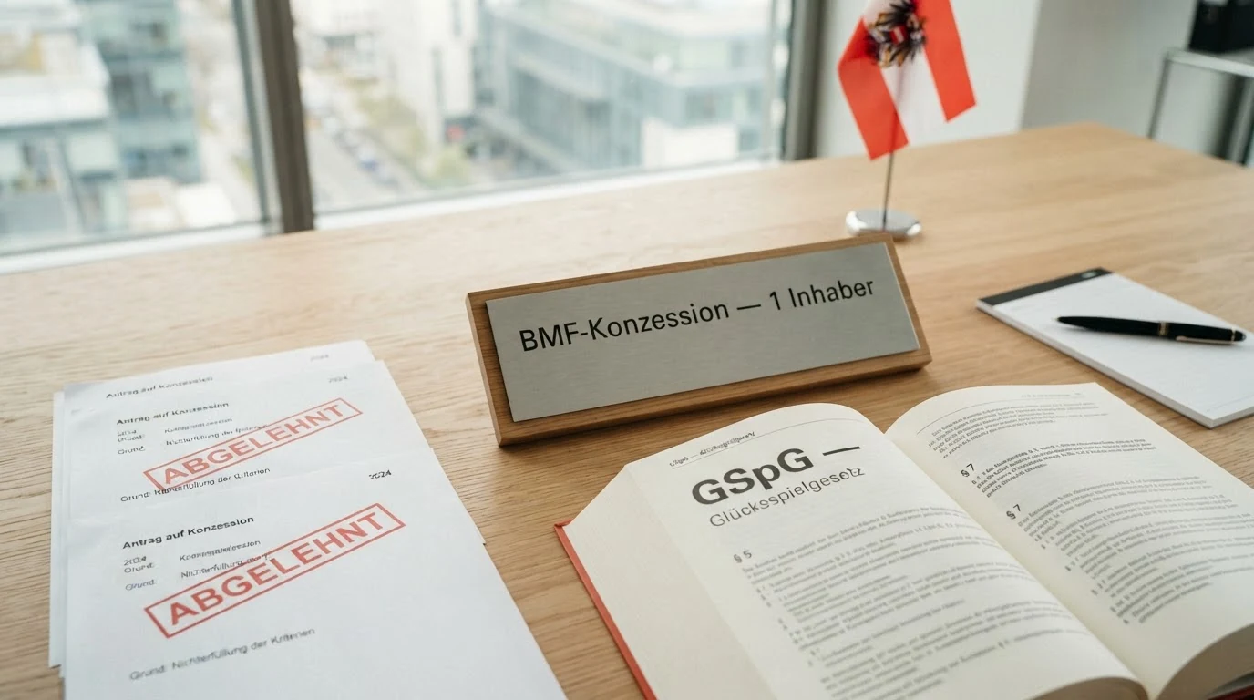 Ein offenes Gesetzbuch mit dem Titel „GSpG“ neben einer Amtstafel mit der Aufschrift „BMF-Konzession — 1 Inhaber“ und neun durchgestrichenen Anträgen