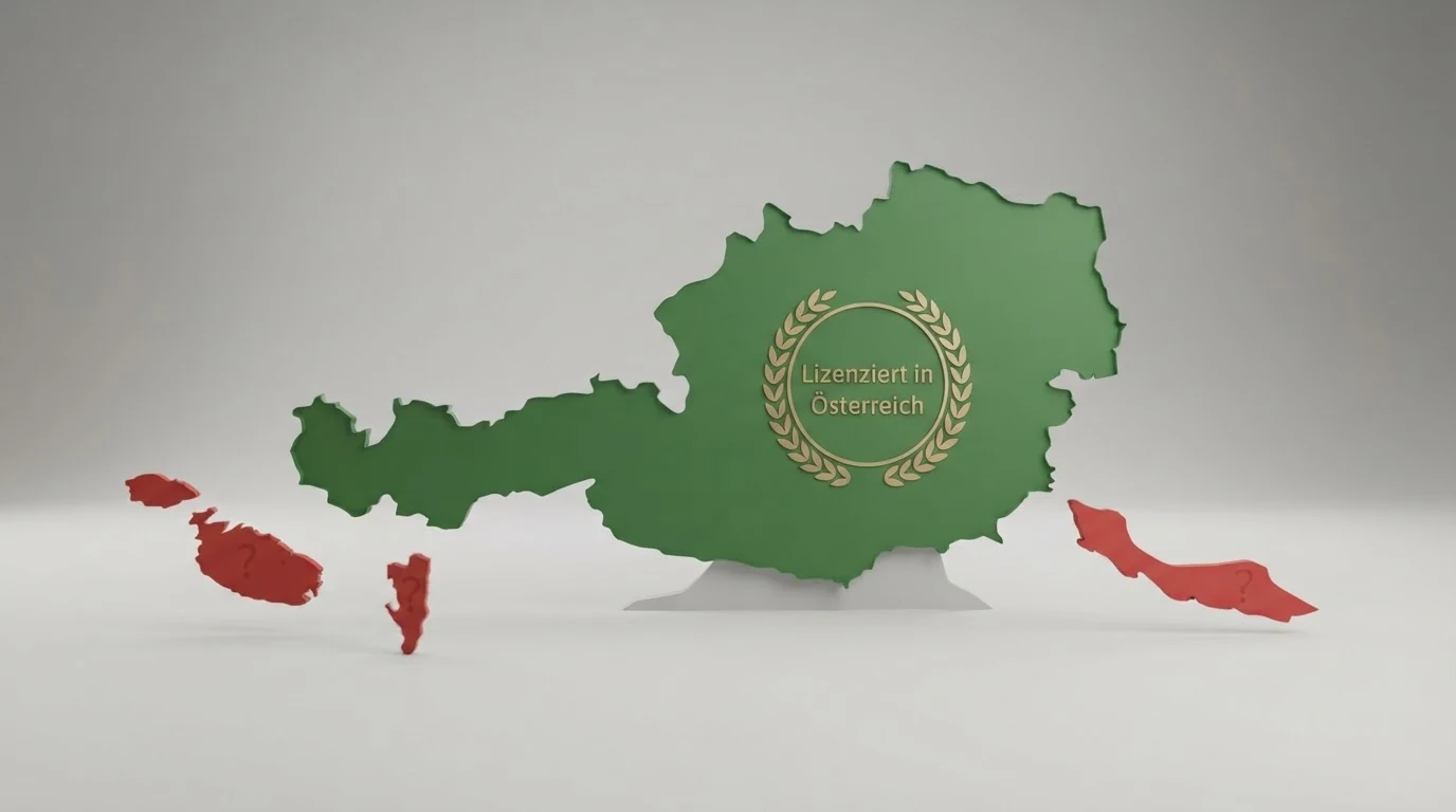 Eine stilisierte Österreich-Karte mit einem grünen Häkchen auf Wien und roten Fragezeichen auf Malta, Gibraltar und Curaçao