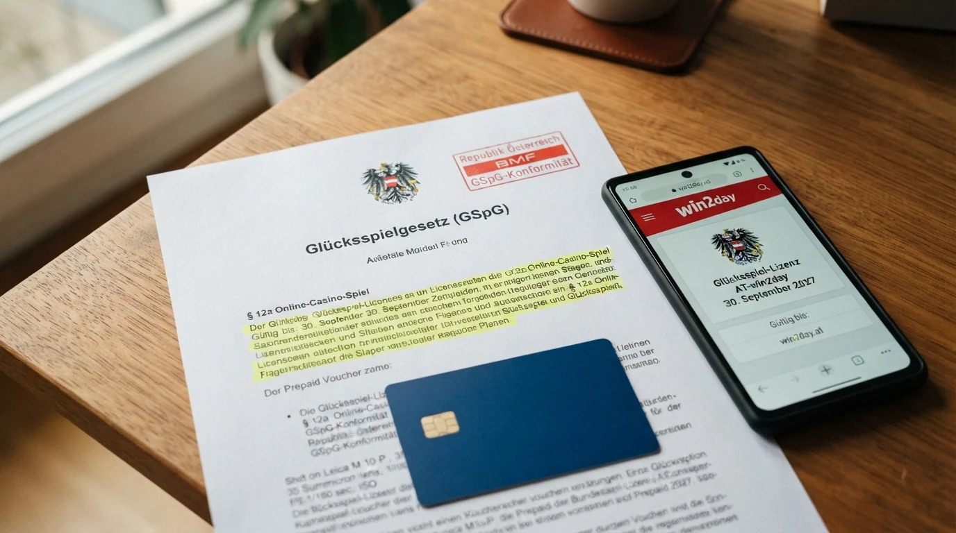 Nahaufnahme eines offiziellen Dokuments mit österreichischem Bundesadler und Stempel neben dem GSpG-Gesetzestext, auf einem Holzschreibtisch