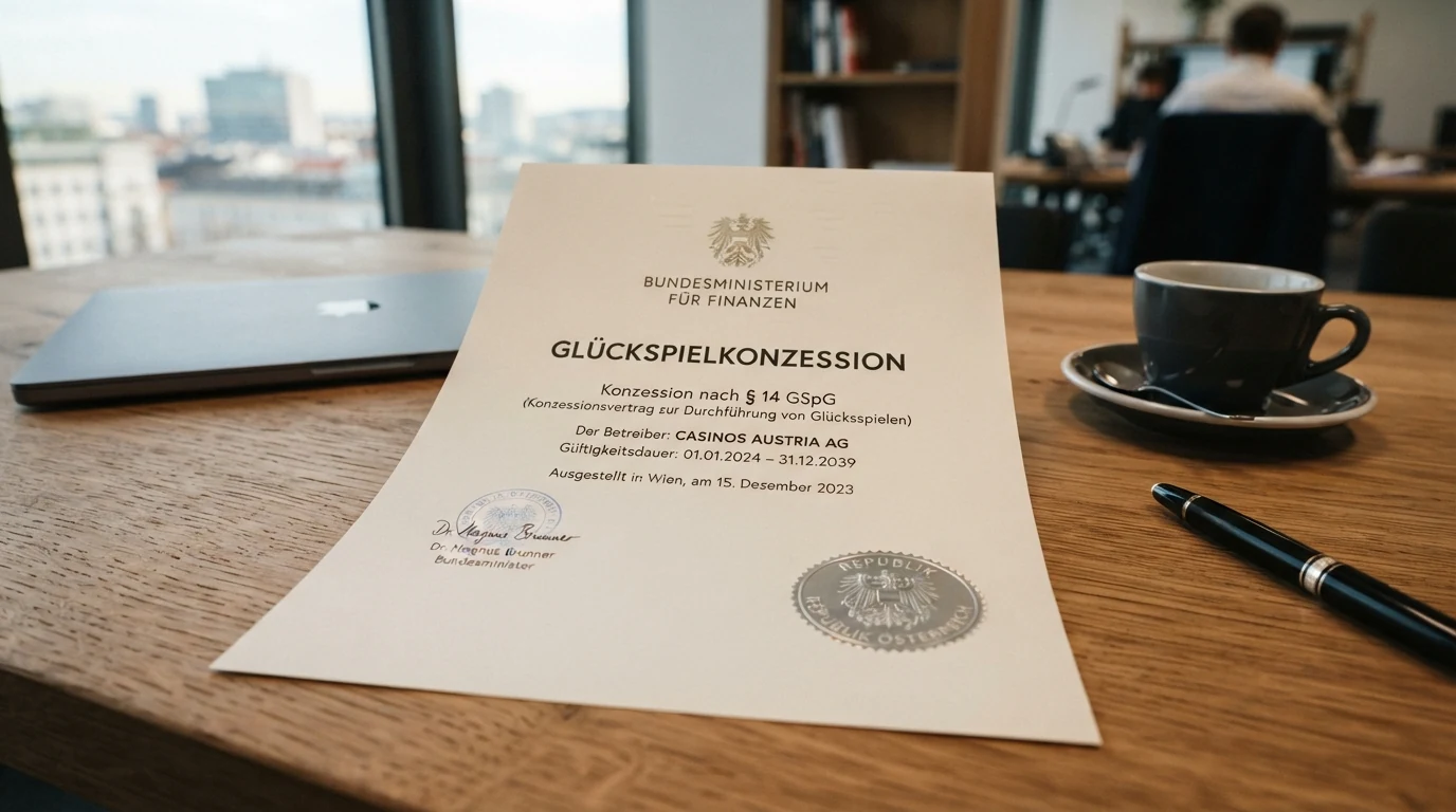 Offizielles Dokument mit dem österreichischen Bundeswappen und dem Schriftzug Glücksspielkonzession vor einem Gerichtsgebäude