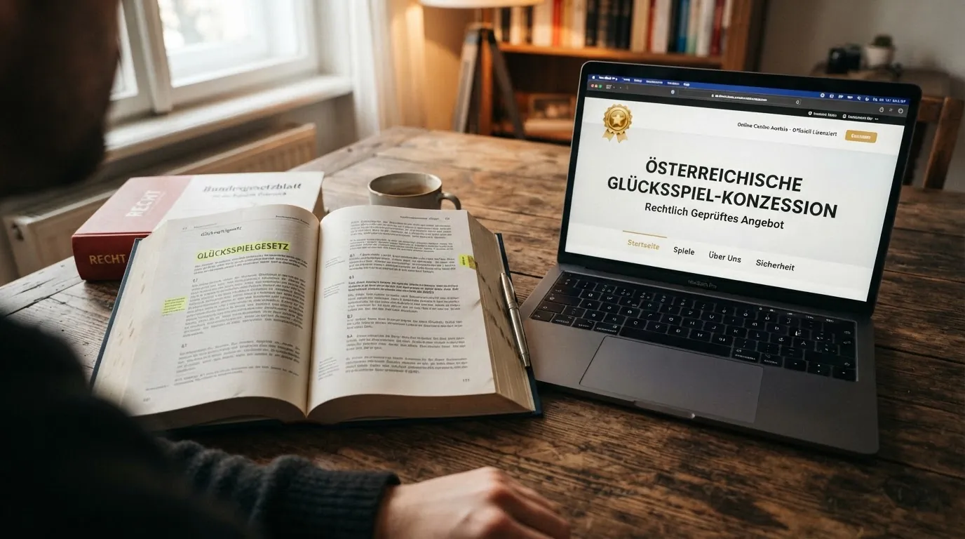 Ein aufgeschlagenes österreichisches Gesetzbuch neben einem Laptop mit Casino-Startseite, darauf das BMF-Logo und das Wort „Konzession“