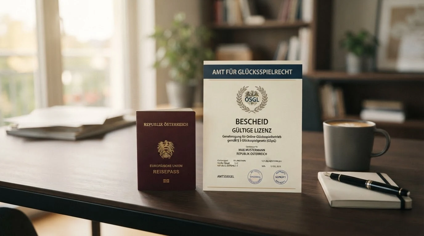 Ein österreichischer Reisepass neben einem Dokument mit der Aufschrift „GSpG“ und dem BMF-Logo