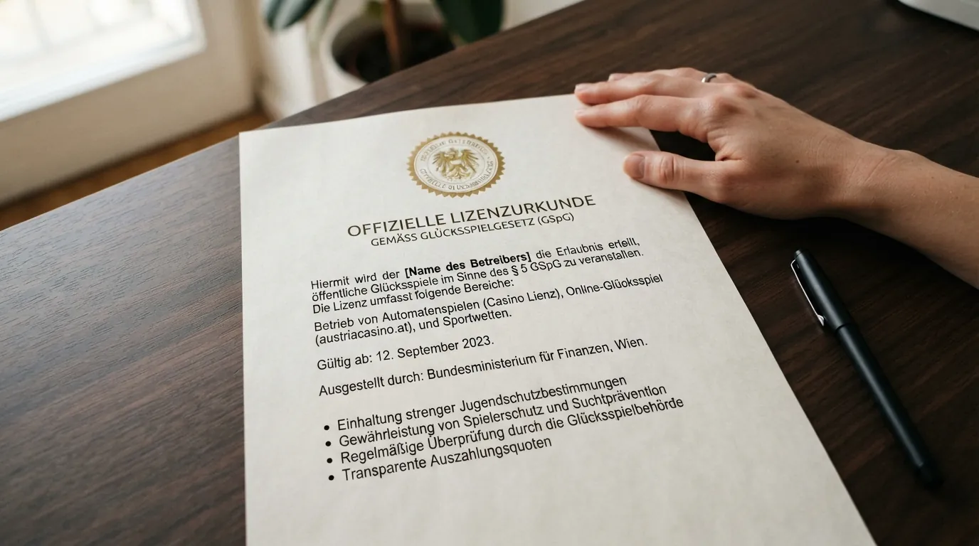 Offizielles Dokument mit österreichischem Bundeswappen und Glücksspielgesetz-Schriftzug