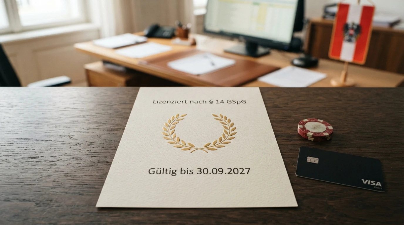 Amtliches österreichisches Dokument oder Gebäude mit Bezug zur Glücksspielregulierung, etwa das BMF-Gebäude oder ein GSpG-Schriftzug, als Symbol für die rechtliche Sonderstellung Österreichs