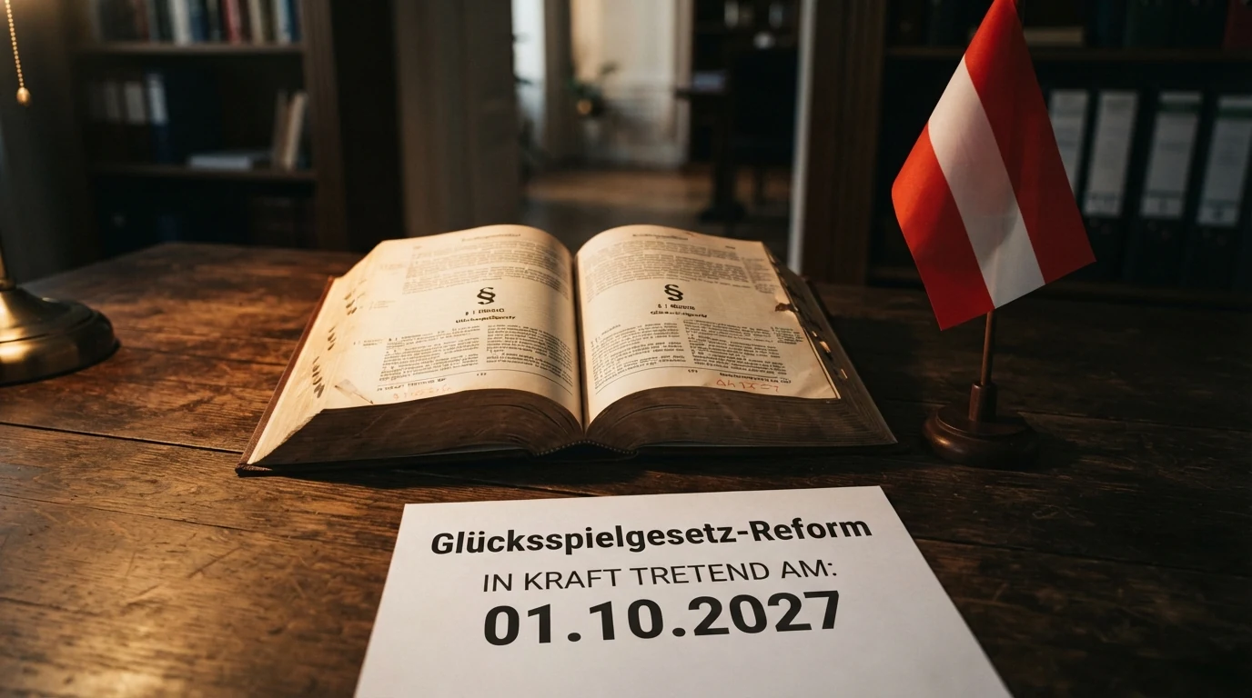 Ein aufgeschlagenes Gesetzesbuch mit Paragrafenzeichen vor einer österreichischen Flagge, daneben das Datum 01.10.2027 als Hinweis auf die geplante Reform