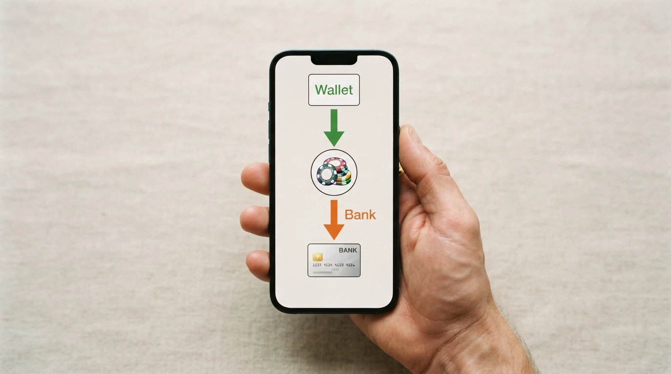 Ein stilisiertes Flussdiagramm: Google Pay → Casino (grün) und Casino → Bankkonto (orange) – der Rückweg führt über eine andere Methode