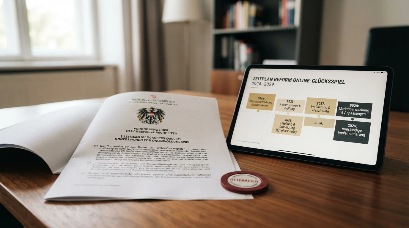 Ein offizielles Dokument mit dem österreichischen Bundesadler und Paragrafen-Verweisen zum Glücksspielgesetz, daneben eine grafische Darstellung der Reform-Zeitleiste von 2026 bis 2029