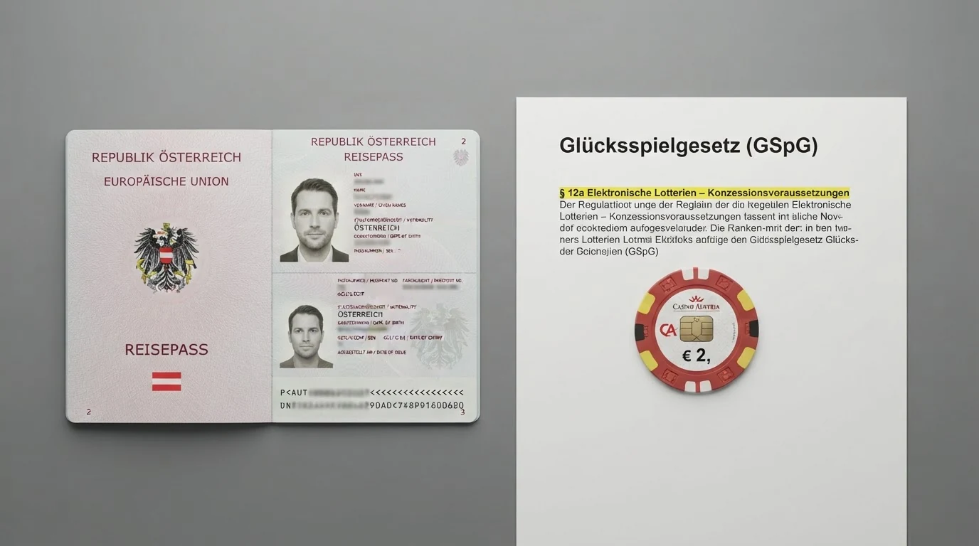 Ein österreichischer Reisepass neben einem Ausdruck des Glücksspielgesetzes mit markiertem Paragrafen 12a