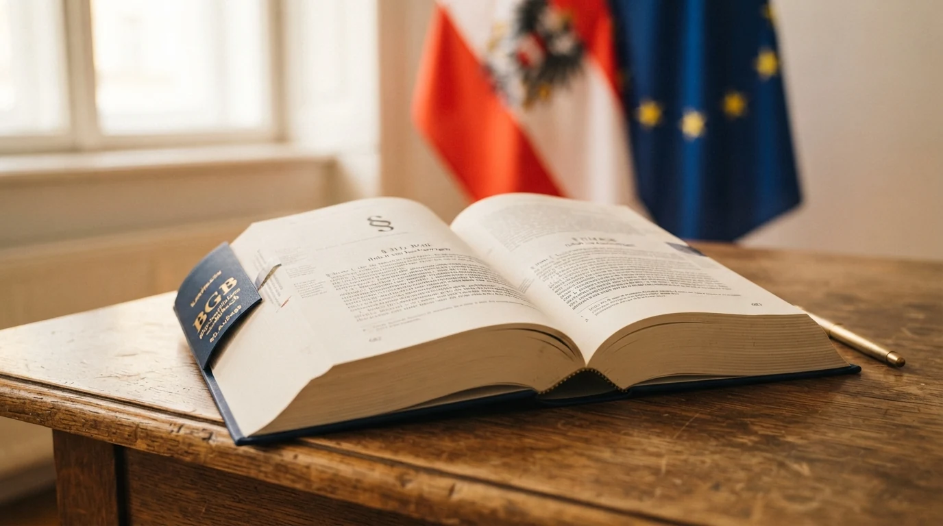 Aufgeschlagenes Gesetzbuch mit Paragrafenzeichen vor der österreichischen und der EU-Flagge