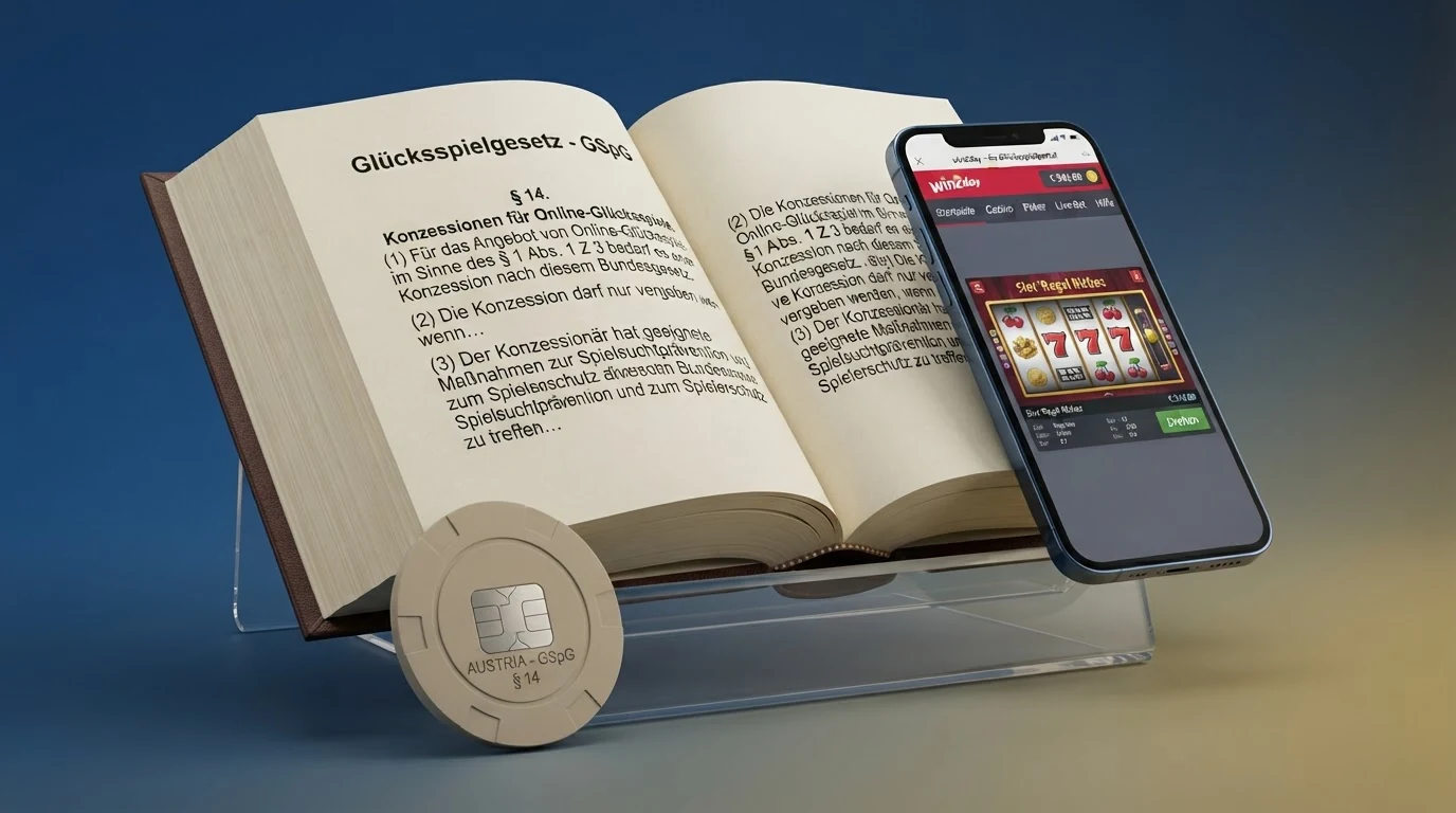 Aufgeschlagenes Gesetzbuch mit dem Titel „Glücksspielgesetz“ neben einer Bildschirmdarstellung der win2day-Startseite