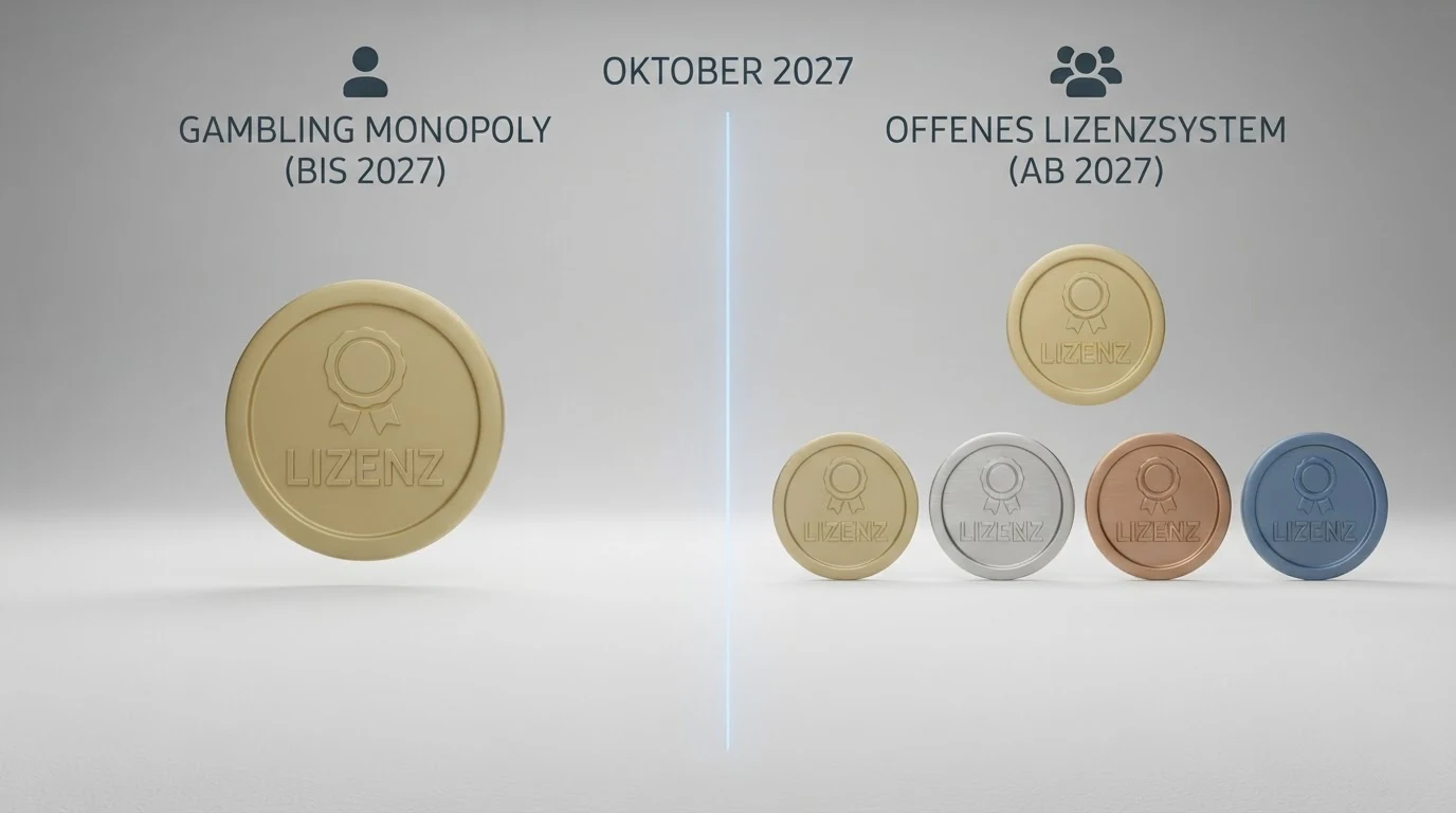 Schematische Darstellung des Übergangs vom Monopol zum offenen Konzessionssystem mit den Eckdaten Oktober 2027