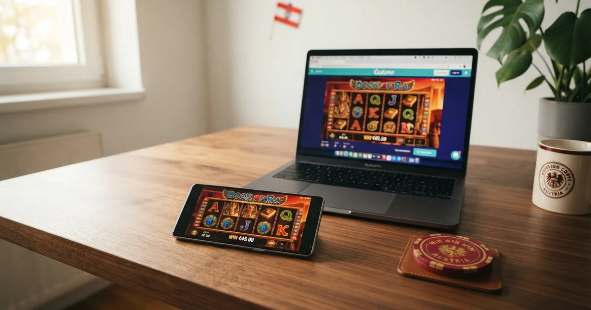 Ein Smartphone im Hochformat mit geöffnetem Casino-Spiel, daneben ein Laptop mit derselben Casino-Website — beide zeigen dasselbe Spiel in unterschiedlicher Bildschirmgrösse