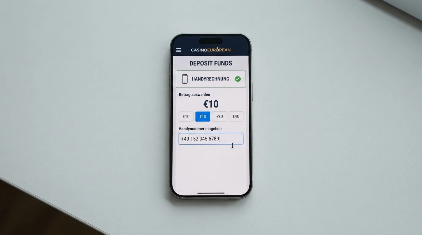 Nahaufnahme eines Smartphone-Bildschirms mit dem Einzahlungsdialog eines Online Casinos, die Option „Handyrechnung“ ist ausgewählt, daneben die Felder für Betrag und Mobilfunknummer