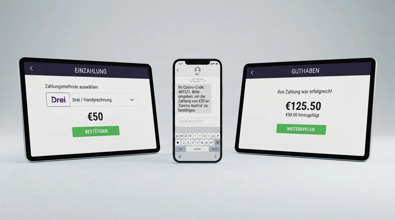 Dreistufige Infografik: Casino-Kasse mit Drei-Auswahl, SMS-Bestätigung auf dem Smartphone, grün hinterlegtes Casino-Guthaben