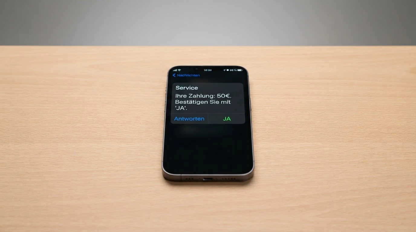 Die schematische Darstellung des SMS-Bestätigungsablaufs: Smartphone mit eingehender SMS, Antwort-Feld mit „JA“, daneben die Symbole der drei Mobilfunkanbieter A1, Drei, Magenta