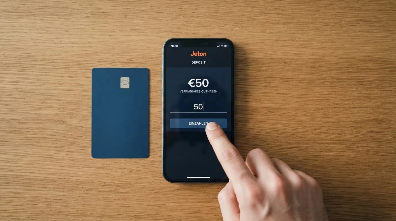 Schematische Darstellung des Einzahlungsprozesses: Bankkonto → Jeton-Wallet → Casino-Guthaben mit Zeitangaben für jeden Schritt