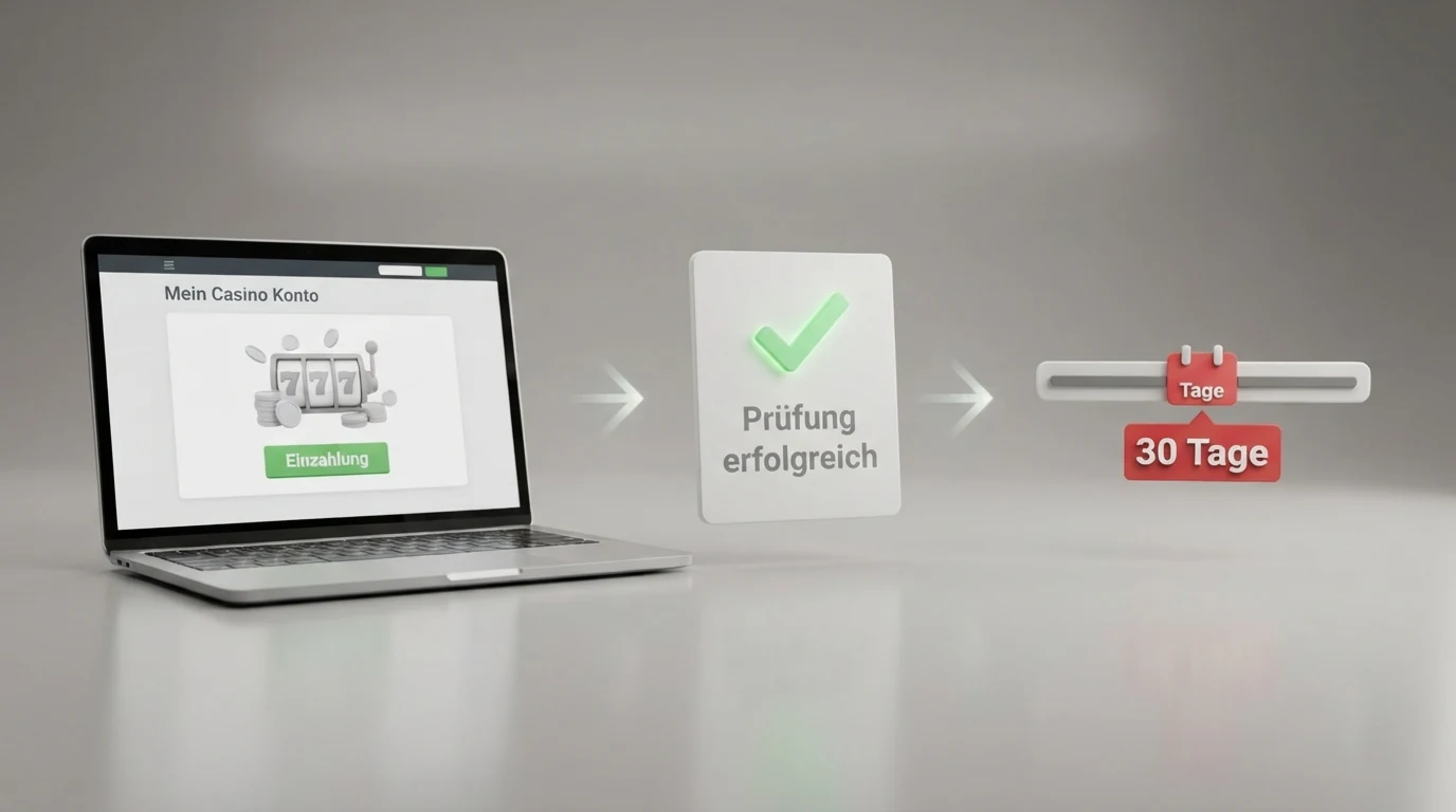 Eine schematische Darstellung des Einzahlungsprozesses: Casino-Konto, Klarna-Zwischenschritt mit Bonitätsprüfung, und ein Kalenderblatt mit Markierung nach 30 Tagen