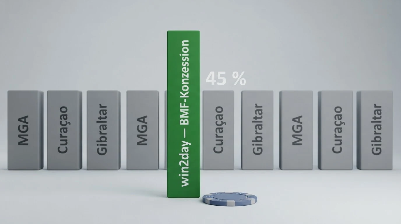 Eine visuelle Gegenüberstellung: Links ein einzelner grüner Balken „win2day — BMF-Konzession“, rechts neun graue Balken mit Labels wie „MGA“, „Curaçao“, „Gibraltar“ — die Höhe der Balken deutet das jeweilige Bonusvolumen an