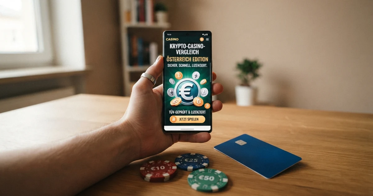 Eine grafische Übersicht, die Kryptowährungs-Symbole (Bitcoin, Ethereum, USDT) mit Casino-Elementen (Chips, Karten, Slot-Walze) und der österreichischen Flagge kombiniert