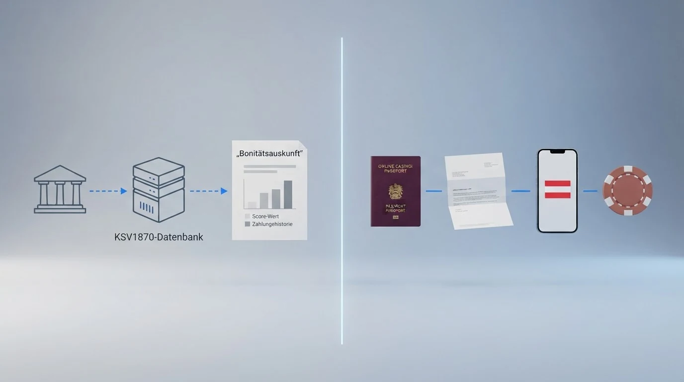 Schematische Darstellung: Links der KSV1870-Bonitätsauskunftsprozess mit anfragendem Unternehmen, KSV1870-Datenbank und betroffener Person — rechts der KYC-Prozess mit Ausweis, Adressnachweis und Casino-Registrierung, mit einer klaren Trennlinie zwischen beiden Systemen