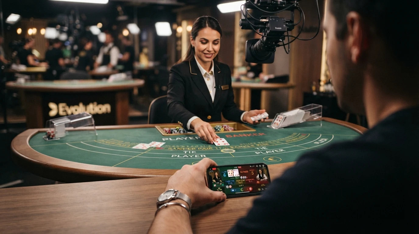 Ein Live-Croupier im Casino-Studio teilt Karten an einem Punto-Banco-Tisch aus, mehrere Spielerplätze mit Wettanzeigen im Bild