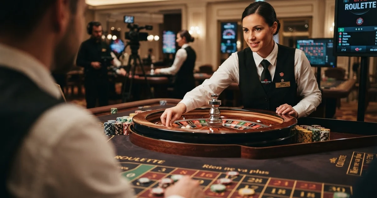 Ein Live-Croupier an einem Roulette-Tisch, im Bildvordergrund das Setzfeld mit nummerierten Farbfeldern, im Hintergrund das rotierende Roulette-Rad mit Einzelnull — das Bild vermittelt ein professionell ausgeleuchtetes Live-Casino-Studio mit warmem Holzdekor und mehreren Kameraperspektiven auf die Spielfläche.