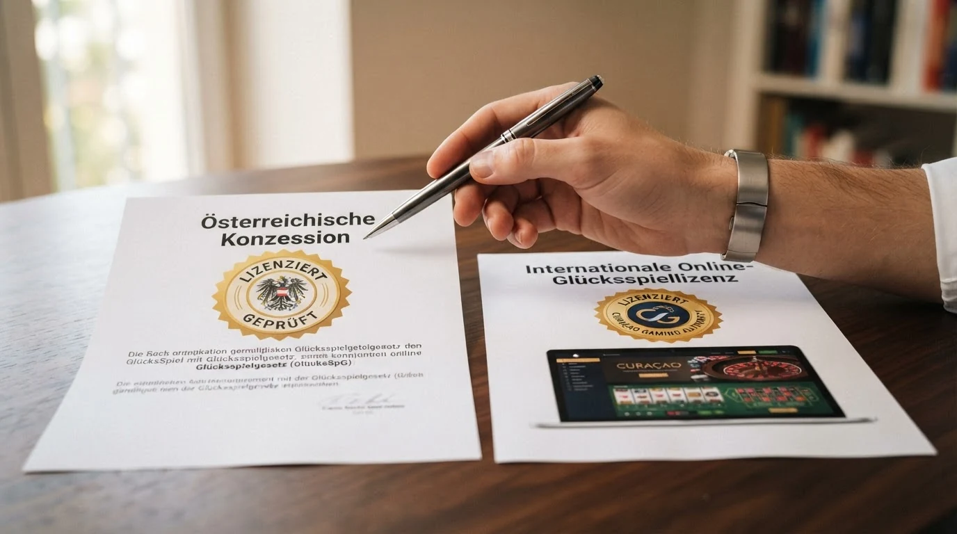 Eine Gegenüberstellung: links das win2day-Logo mit „Österreichische Konzession“, rechts Curaçao- und MGA-Lizenzsiegel mit „In Österreich nicht gültig“