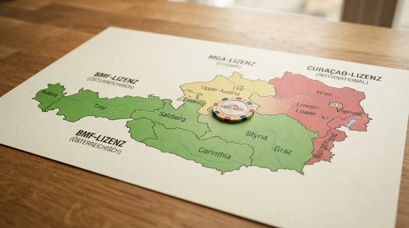 Eine Österreich-Karte mit drei verschiedenfarbigen Zonen: BMF-Konzession (grün), MGA-Lizenz (gelb), Curaçao-Lizenz (rot)
