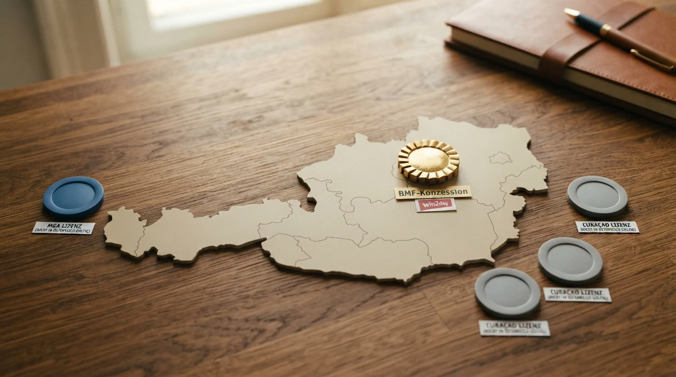 Eine stilisierte Österreich-Karte mit einem Haken-Symbol für „BMF-Konzession“ bei win2day und durchgestrichenen Symbolen für MGA- und Curaçao-Lizenzen bei den übrigen Betreibern