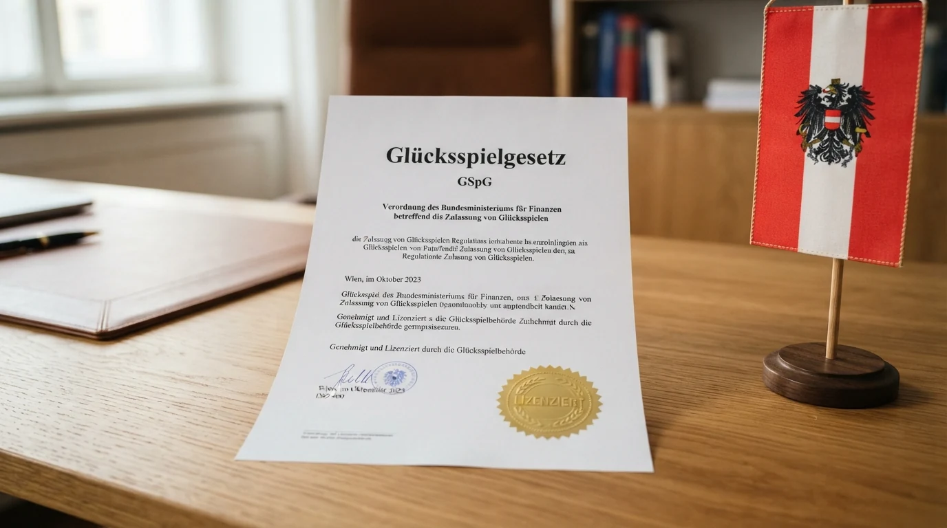 Eine österreichische Flagge und ein amtliches Dokument mit der Aufschrift Glücksspielgesetz auf einem Schreibtisch