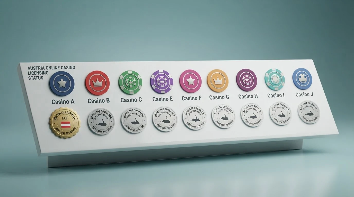 Eine tabellarische Übersicht mit den Logos der geprüften Casino-Betreiber und farblich markierten Lizenz-Status