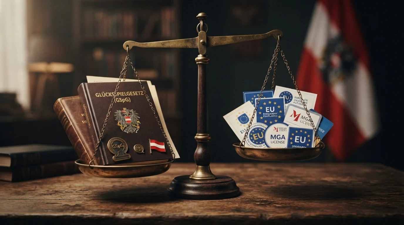 Eine stilisierte Waage: auf der einen Seite das GSpG mit österreichischem Bundesadler, auf der anderen Seite EU-Lizenzsiegel — die Schale mit GSpG schlägt aus