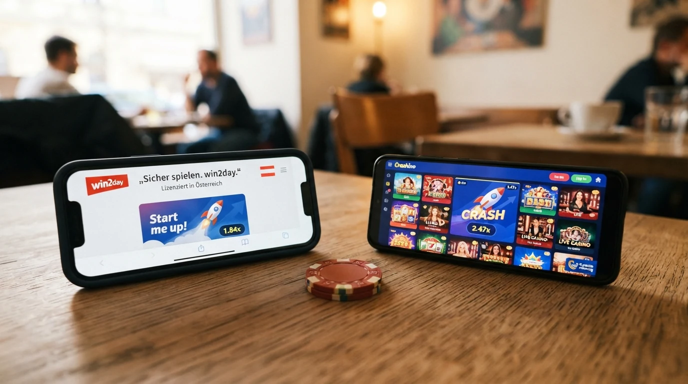 Eine Übersichtsgrafik, die lizenzierte und nicht-lizenzierte Crash-Casino-Angebote für österreichische Spieler gegenüberstellt.