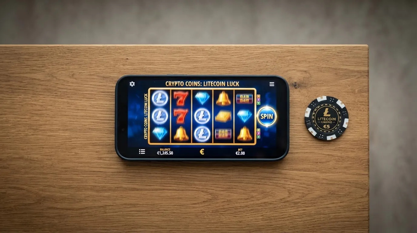 Bildschirm eines Smartphones mit einem laufenden Slot-Spiel und LTC-Einsatzanzeige