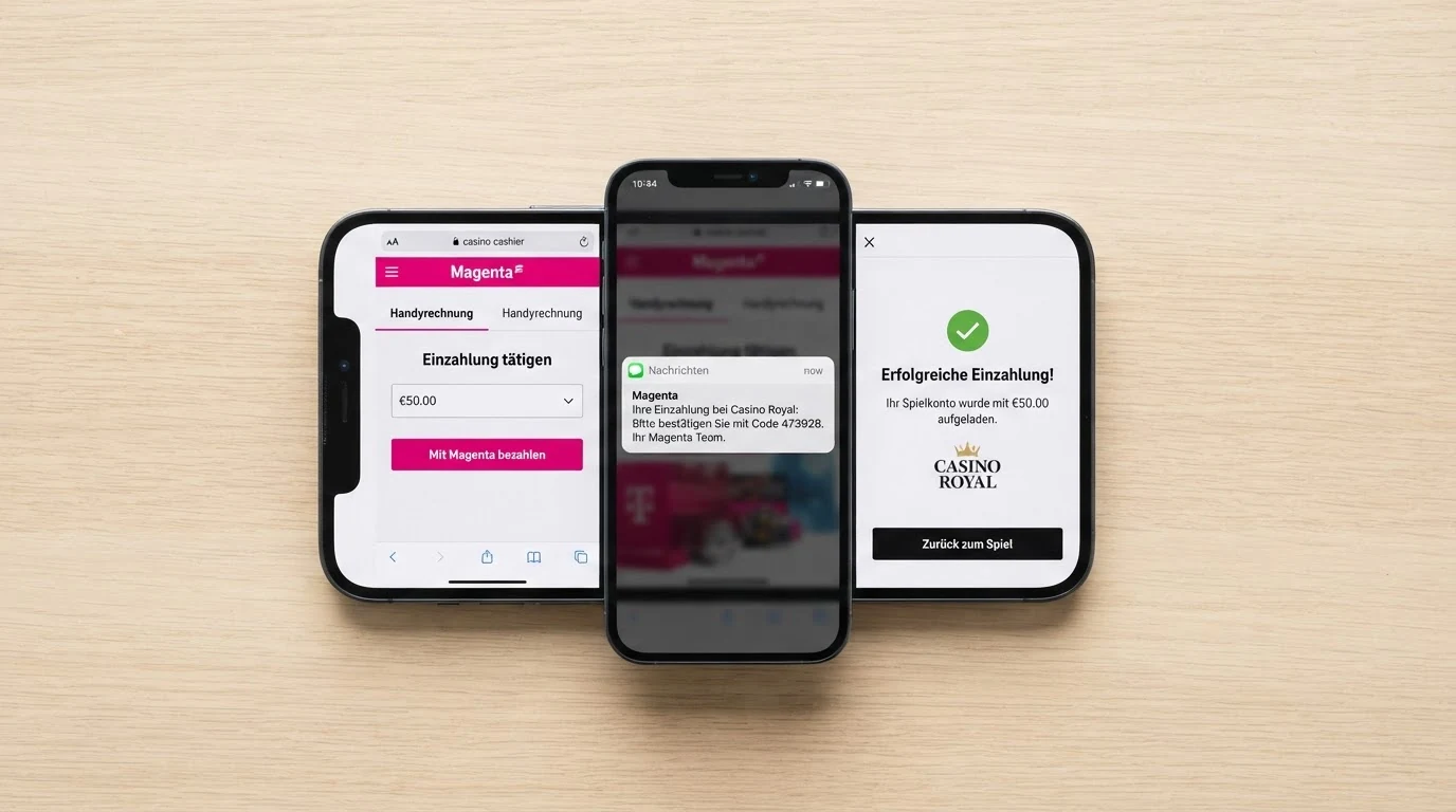 Drei aufeinanderfolgende Smartphone-Screens: Casino-Kasse mit ausgewählter Handyrechnung, SMS mit Bestätigungscode, Bestätigungsbildschirm mit erfolgreicher Gutschrift