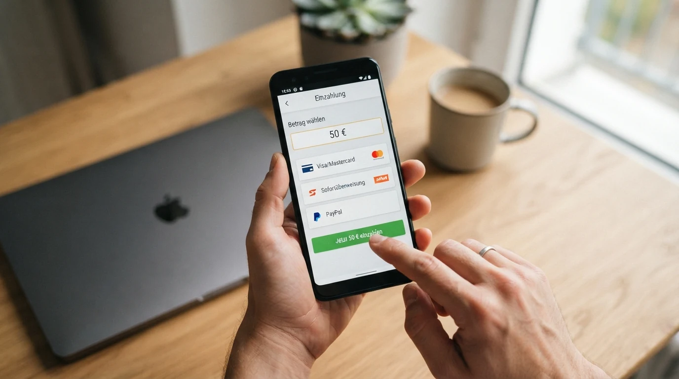 Schematische Darstellung des Mastercard-Einzahlungsprozesses: Casino-Kasse, 3D-Secure-Bestätigung auf dem Smartphone, Bestätigungsbildschirm mit Einzahlungsbetrag